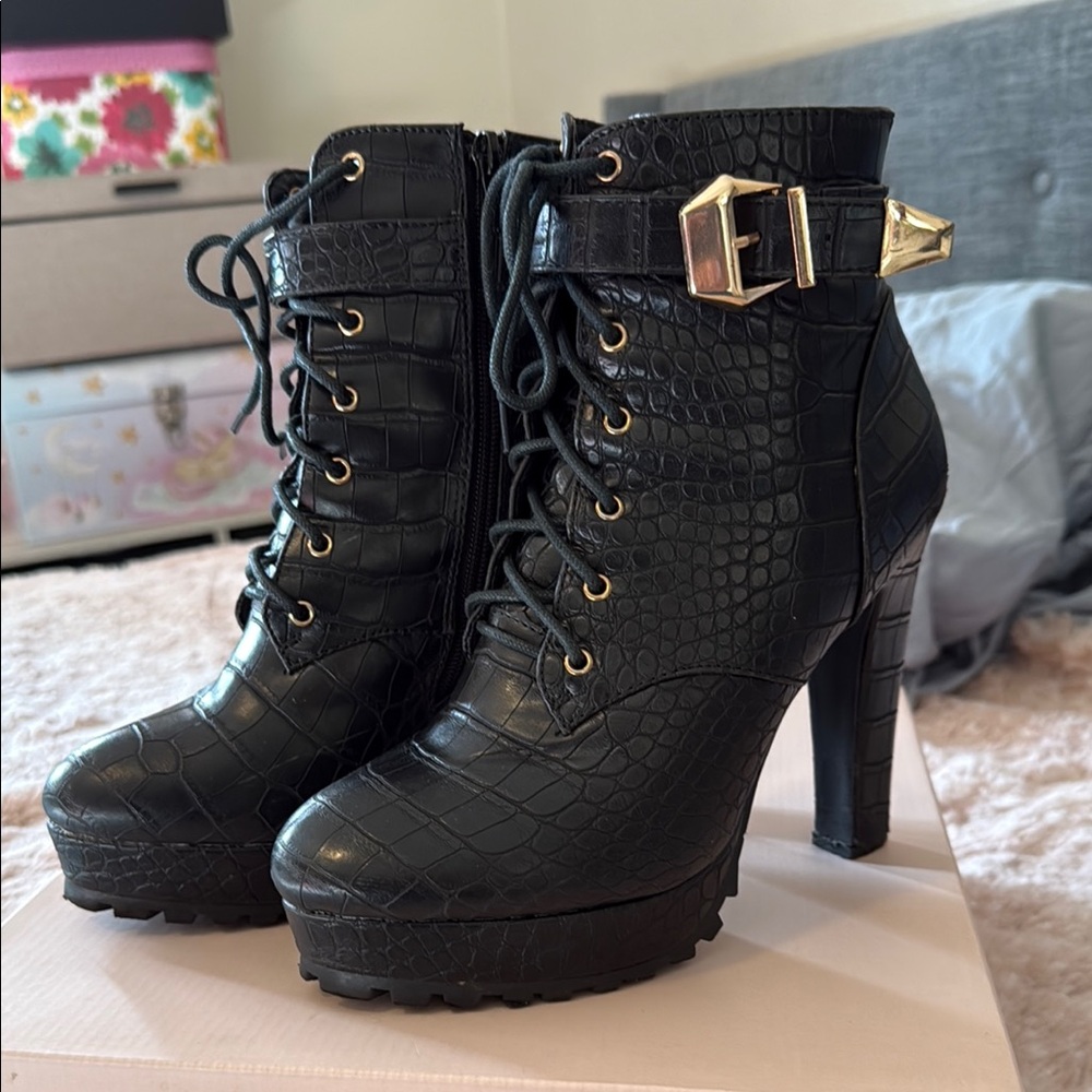 Black Croc-Embossed Lace-Up Ankle Boots
